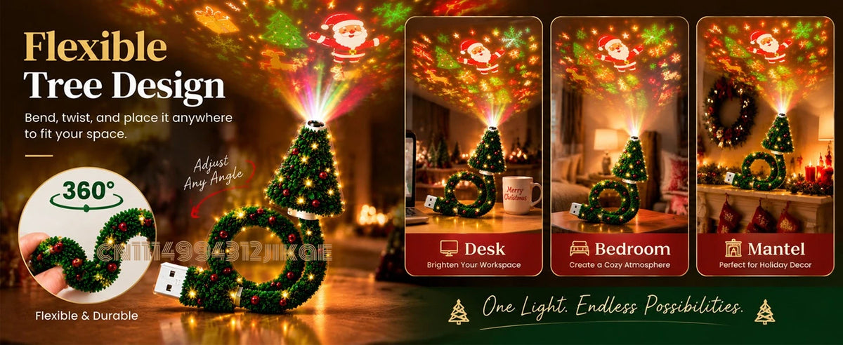 Flexible Christmas Tree Projector Lamp – USB, 6+ Holiday Patterns