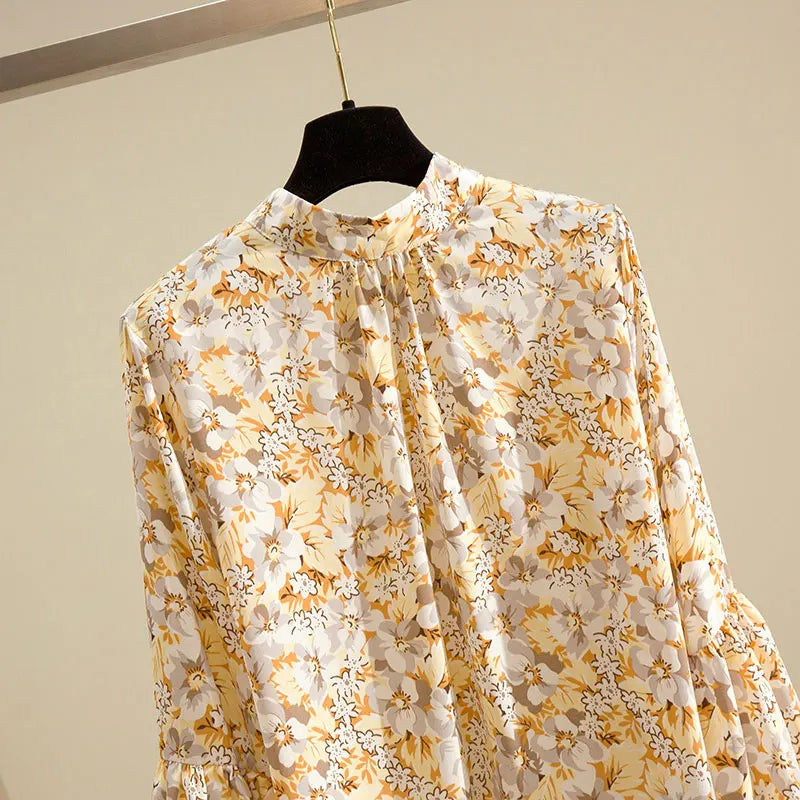 Floral Print Vintage Chiffon Stand Collar Lantern Sleeve Pullover Women's Blouse Shirt Casual Female Clothing Tops Fashion 2024