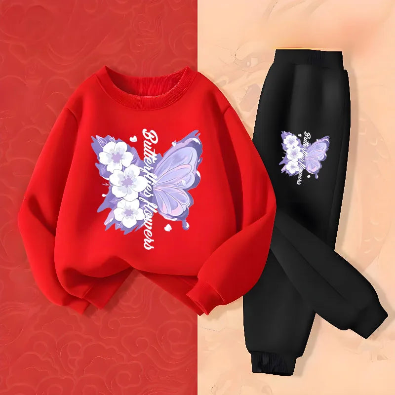 Girls' Butterfly Print Hoodie & Pants Set - 2-Piece Spring Tracksuit, Sizes 100-150