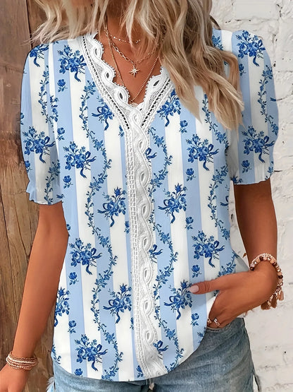 Top in jacquard con scollo a V e dettagli in pizzo