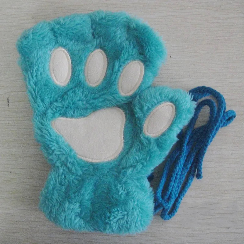 Women's Plush Cat Paw Fingerless Gloves