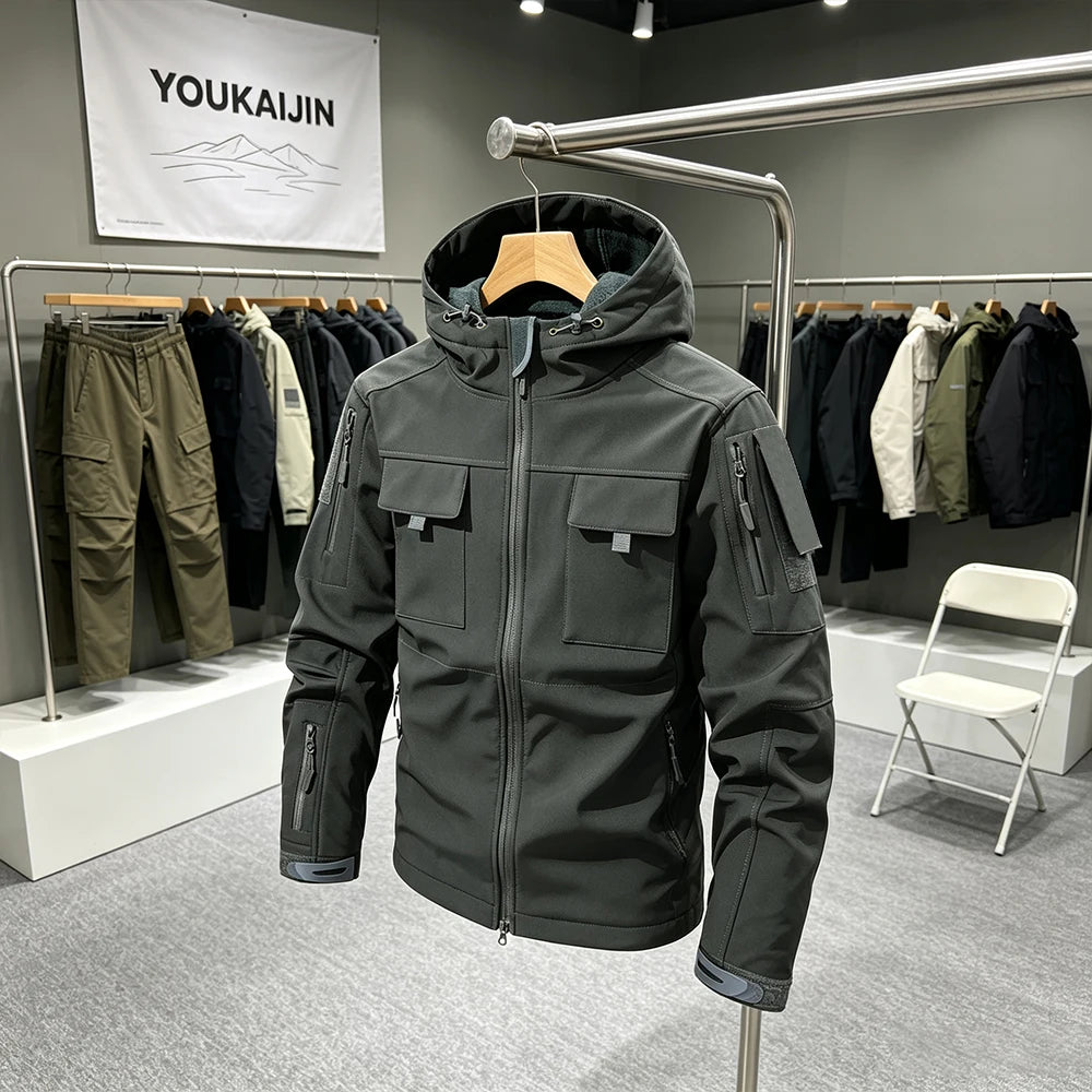 Men's Military Soft Shell Tactical Jacket Winter Warm Fleece Hunting Jackets Outdoor Hiking Fishing Hooded Multi-pockets Coat