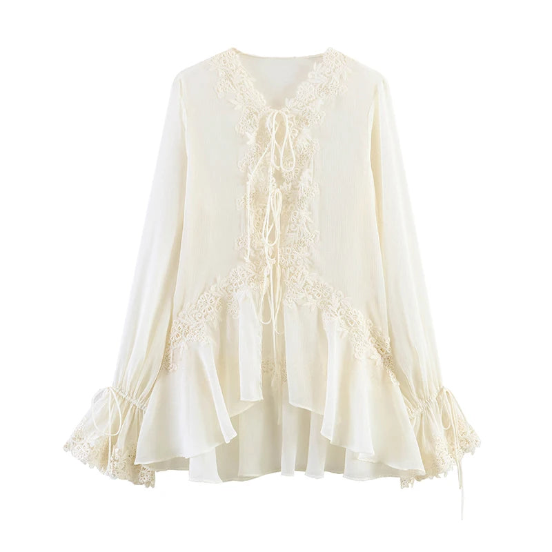 Willshela Women Fashion Lace Patchwork Lace Up Ruffled Pleated Blouse Vintage O-Neck Long Sleeves Female Chic Lady Shirts
