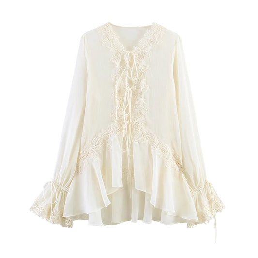 Lace-Up Ruffle Batwing Blouse