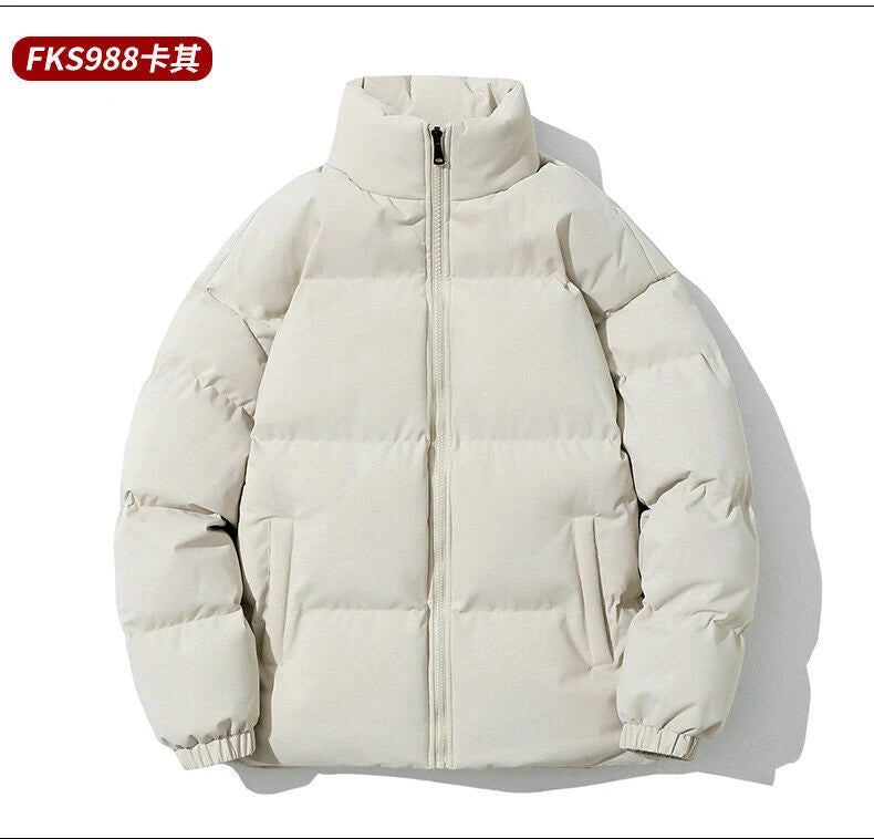 Women Men Winter Puffer Jacket, Solid Color Zip Up Stand Collar Warm Coat, Loose Casual Long Sleeve Outerwear For Daily