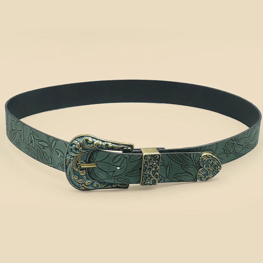 Women's Vintage Carved Leaf Belt – Faux Leather, Army Green