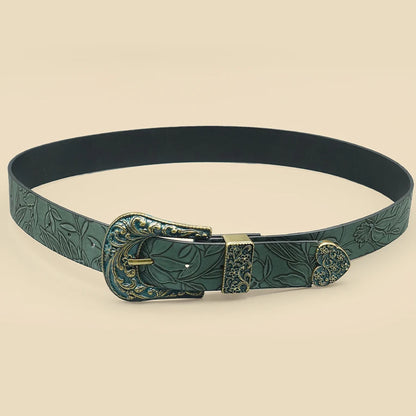 Cinturón de mujer vintage con hojas talladas – Polipiel, verde militar