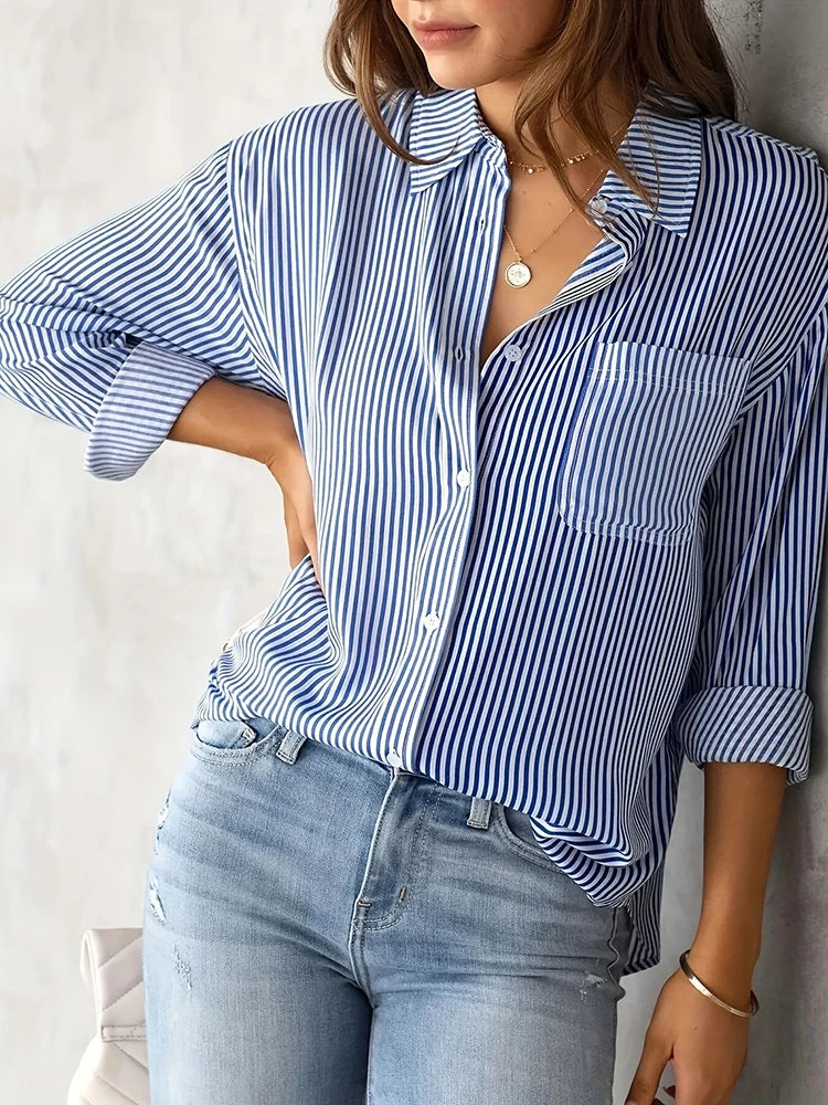 Women Long Sleeve Striped Loose Shirt Office Lady Elegant Turn Down Collar Harajuku Blouse Casual Lapel Tops Female Clothes