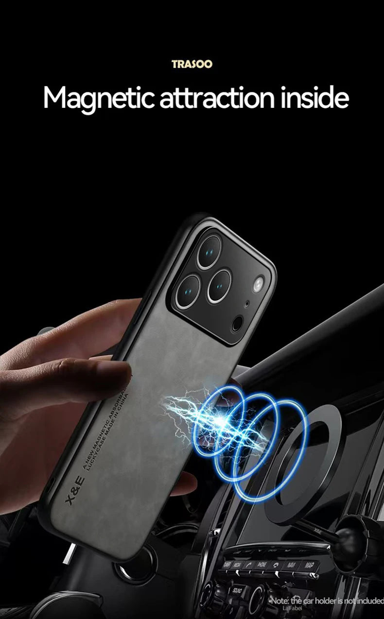Luxury Leather Case For iPhone 17 18 16 15 14 13 12 11 Pro Max Plus 13 12 Mini Air 16E Cover With Metal Plate Support Car Hold