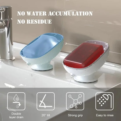 Two soap dishes, one blue and one red, on a bathroom counter with text about water accumulation and residue.