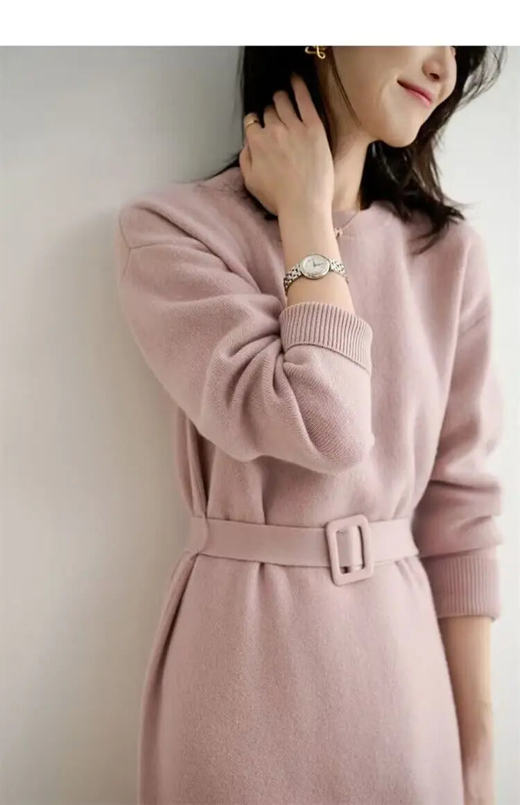 Women's Knit A-Line Midi Dress with Sash