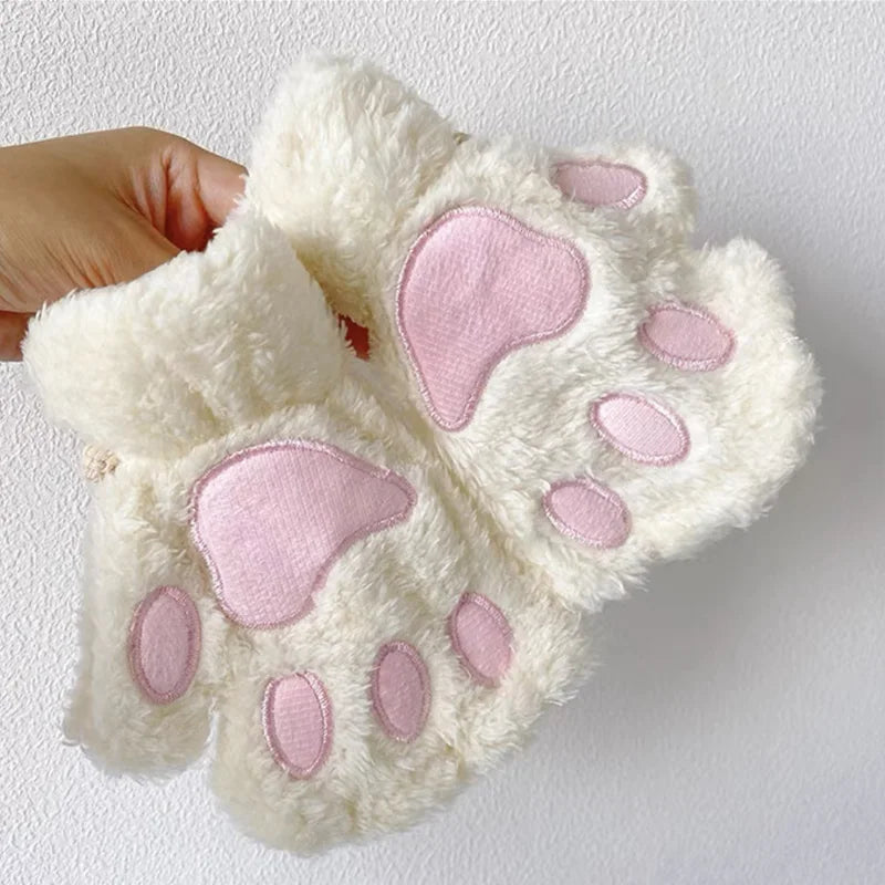Women's Plush Cat Paw Fingerless Gloves