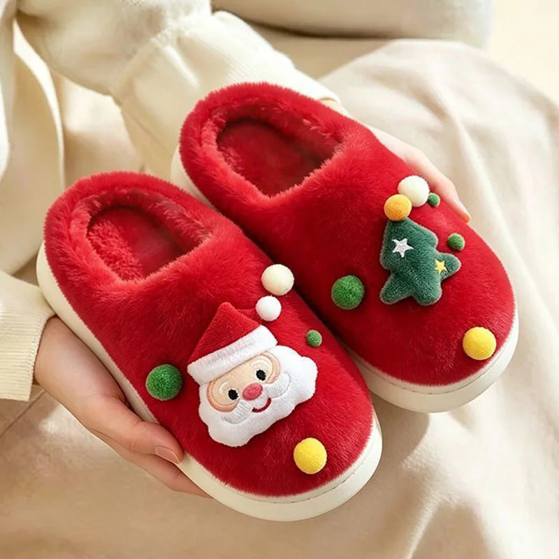 Pantofole natalizie in peluche da donna – Pantofole da casa con plateau in pelliccia sintetica e Babbo Natale