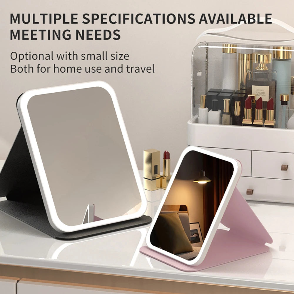Foldable LED Makeup Mirror – 3 Light Colours, Dimmable Touch Control, Rechargeable
