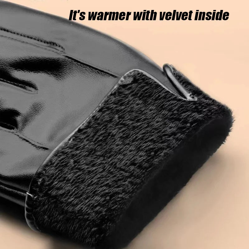 Men's Velvet-Lined Faux Leather Winter Gloves – Black