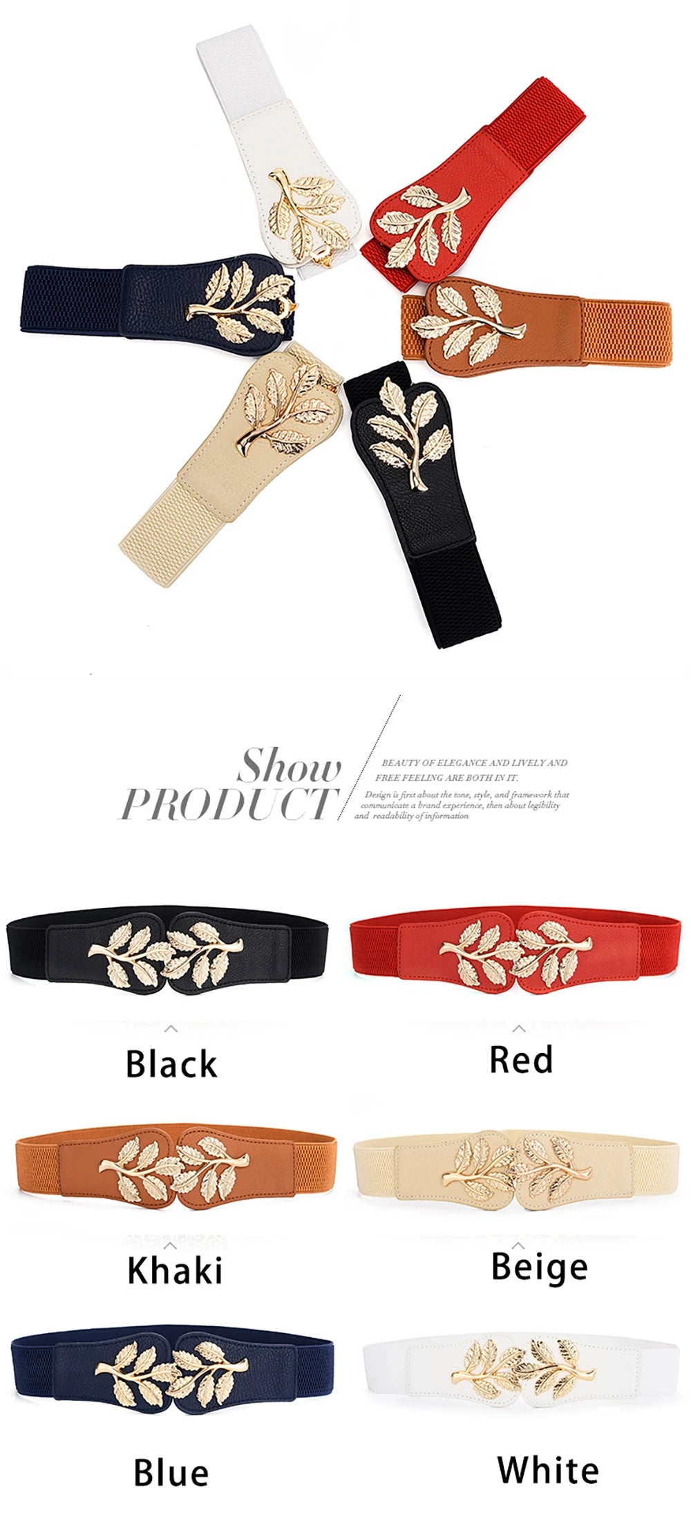 Women's Gold Leaf Elastic Waist Belt – Double Hook Buckle
