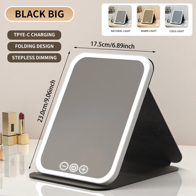 Foldable LED Makeup Mirror – 3 Light Colours, Dimmable Touch Control, Rechargeable
