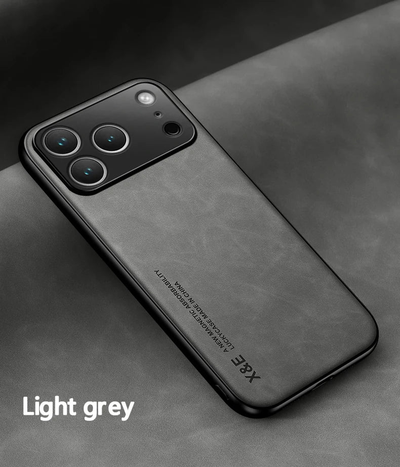 Luxury Leather Case For iPhone 17 18 16 15 14 13 12 11 Pro Max Plus 13 12 Mini Air 16E Cover With Metal Plate Support Car Hold