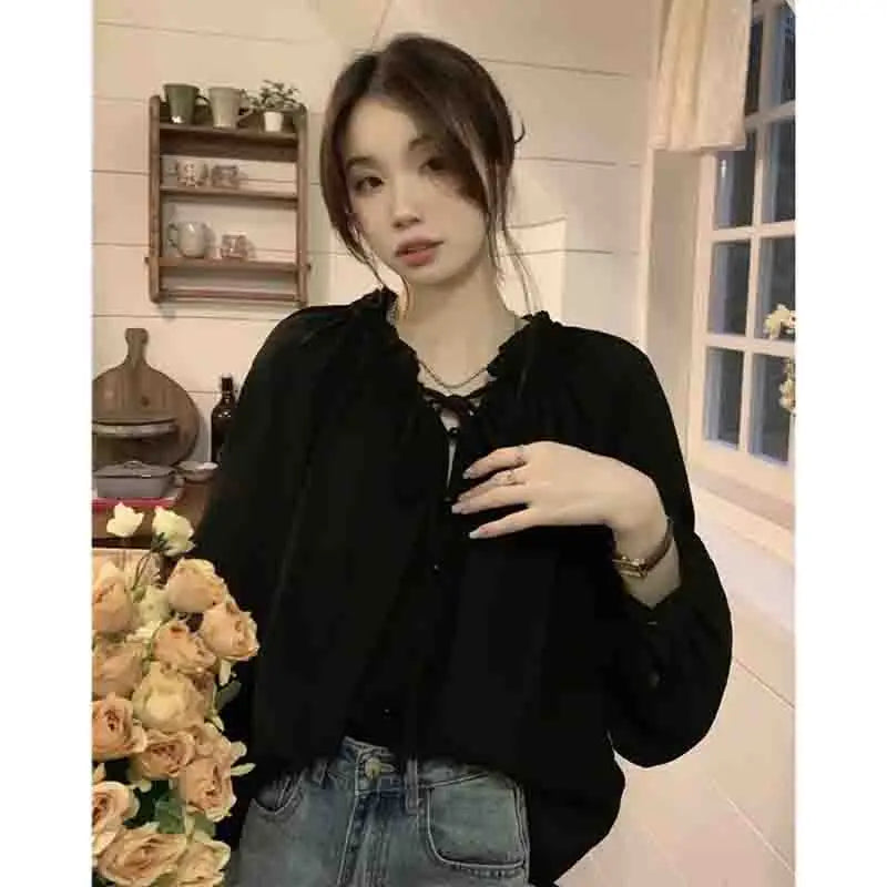 French Solid Color Leisure Women Sweet Solid Color V-neck Ruffled Edge Pullover Shirt Female Loose Fitting Lantern Sleeve Blouse