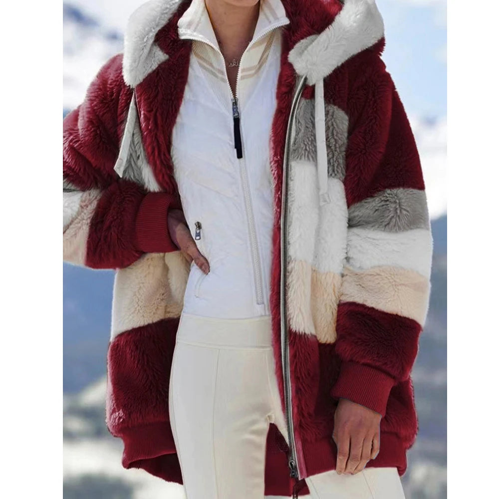Winter Fashion Women's Coat 2026 Hooded Zipper Ladies Jacket Spliced Thick Cashmere Women Jacket Stitching Plaid Ladies Coats