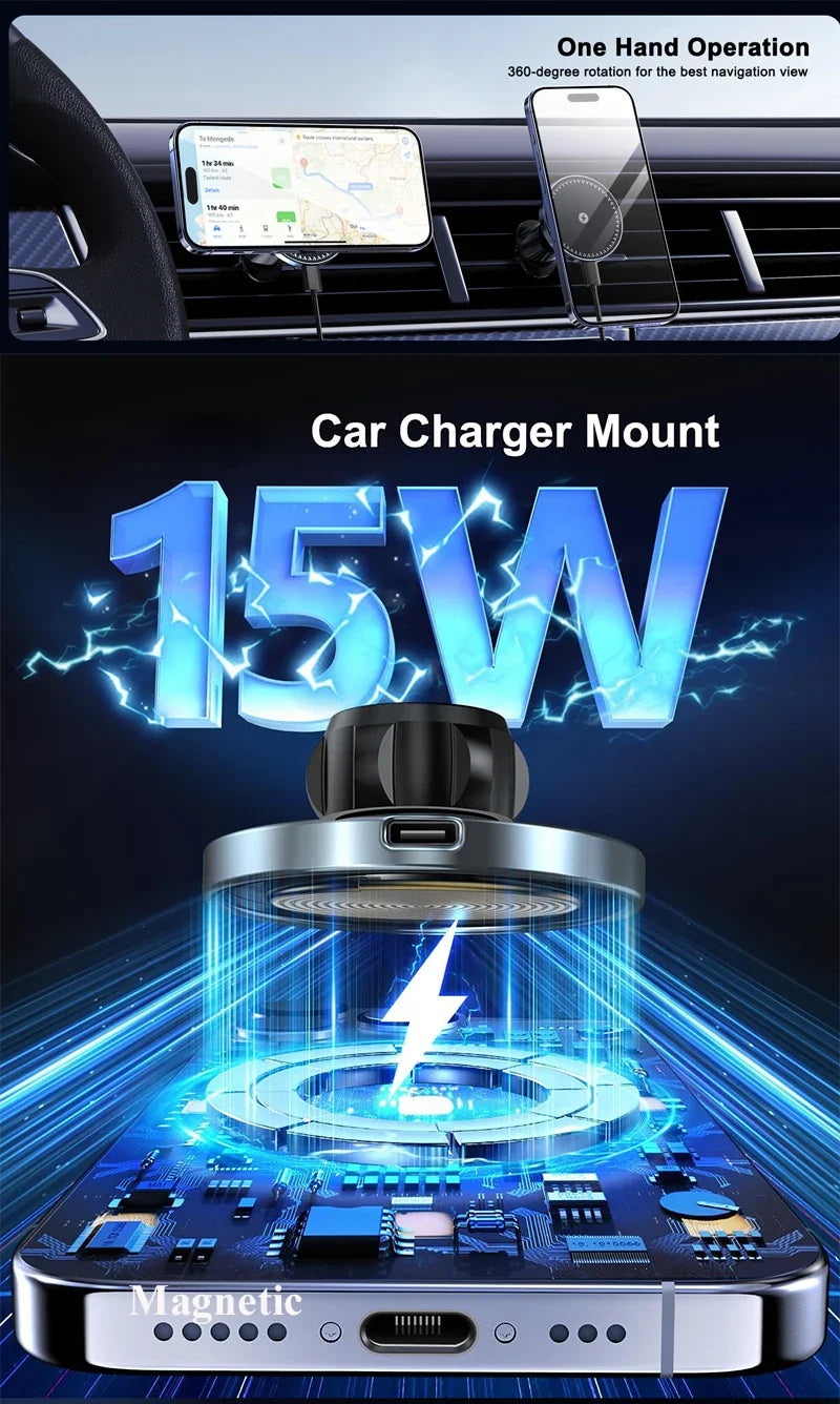 15W Magnetic Car Phone Charger & Air Vent Mount