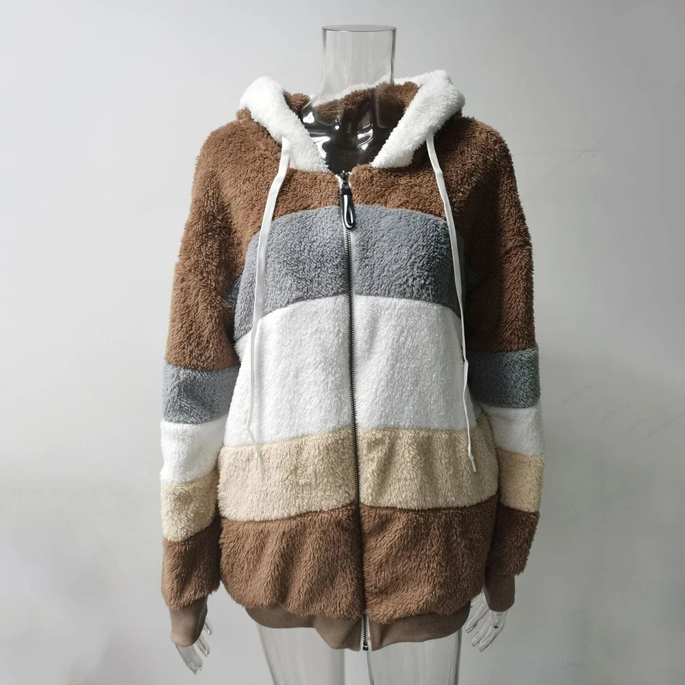 Winter Fashion Women's Coat 2026 Hooded Zipper Ladies Jacket Spliced Thick Cashmere Women Jacket Stitching Plaid Ladies Coats