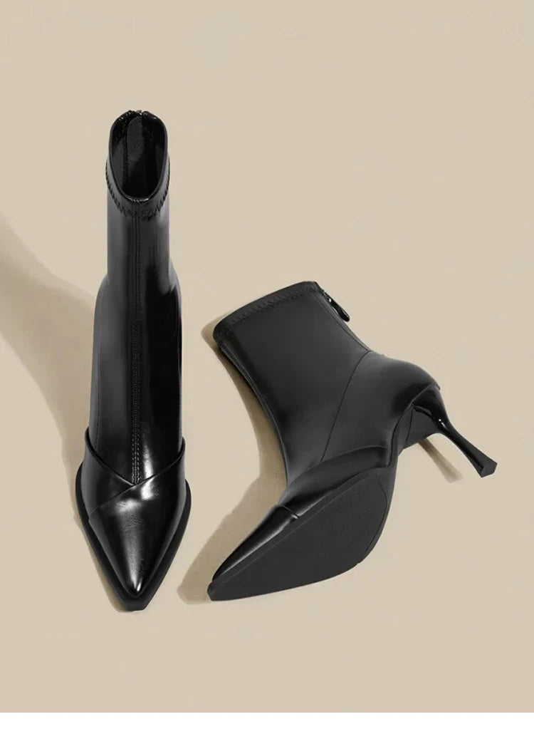Black Pointed Toe High Heel Short Boots Women's Autumn Winter New Style Elastic Slim Fit Short Tube Boots Korean Version