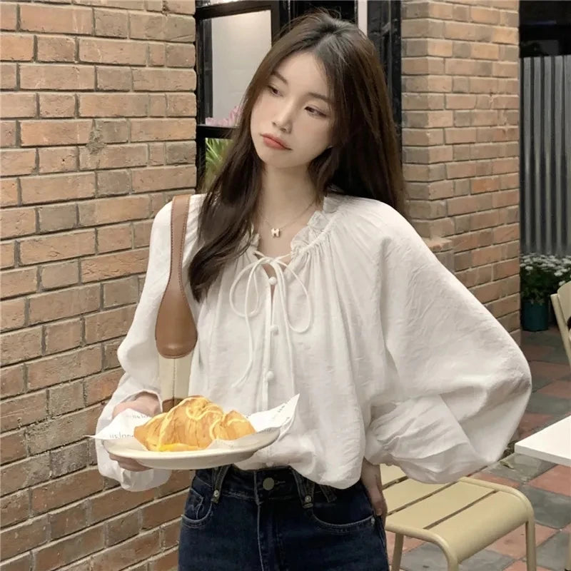 French Solid Color Leisure Women Sweet Solid Color V-neck Ruffled Edge Pullover Shirt Female Loose Fitting Lantern Sleeve Blouse