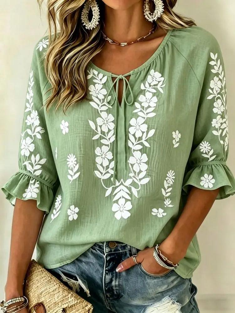 Women's Pink Floral Embroidered Tie Neck Blouse, Casual Loose Tops for Spring Summer Daily Wear & Vacation Occasions