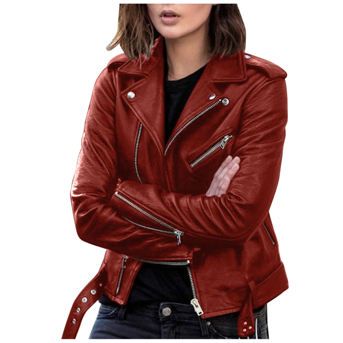 Autumn Women Plus Size PU Leather Jackets Slim Zipper Up Moto Biker Bomber Jacket Winter Belted Retro Women Short Coats S-5XL