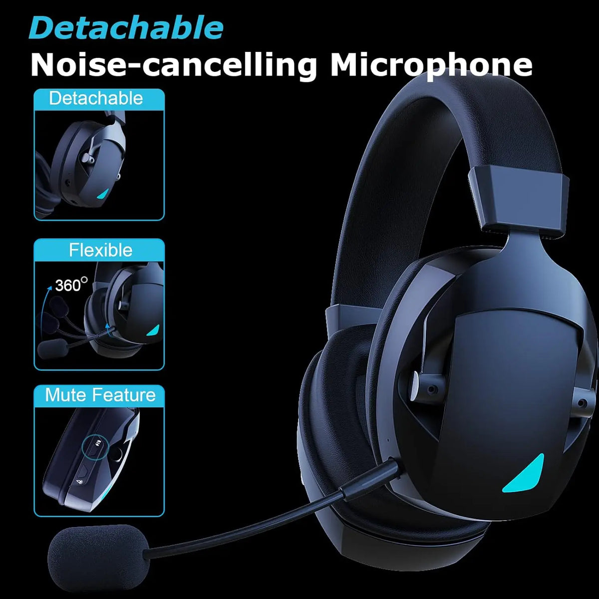 3-Mode Wireless Gaming Headset – 2.4G, Bluetooth & 3.5mm with Detachable Noise-Cancelling Mic