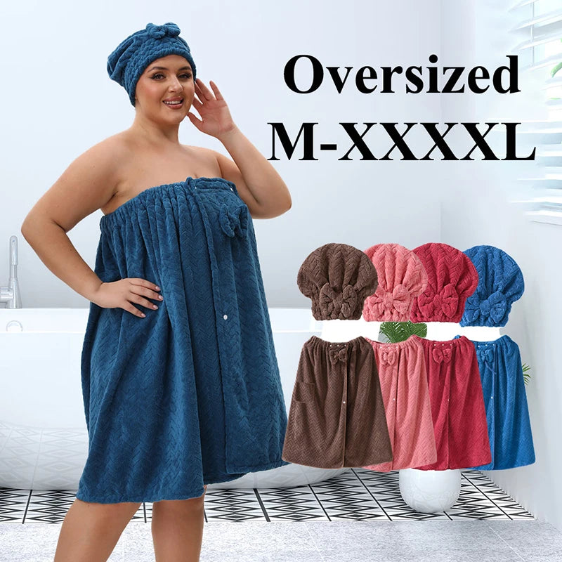 Wearable Bath Towel & Hair Cap Set for Women – Sizes M to 4XL