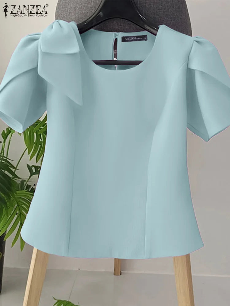 Women Blouse ZANZEA Elegant Office Lady Summer Short Puff Sleeve Bow Fashion Shirts 2025 Casual Solid Color Tops Tunic Blusas