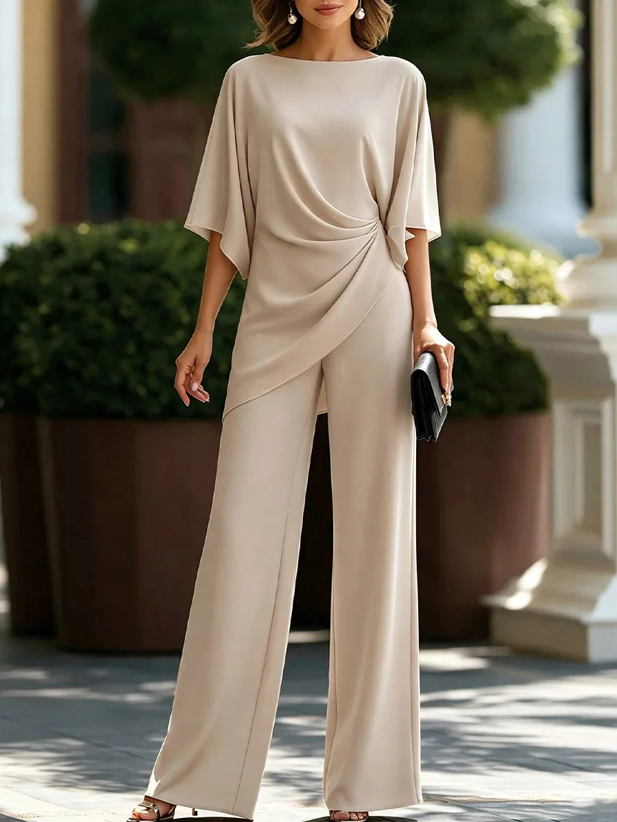 Women's Twist-Waist Two-Piece Set – Cape-Sleeve Top & Wide-Leg Pants