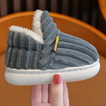 Kids' Striped Plush Slippers – Warm Non-Slip Heel-Wrap House Shoes
