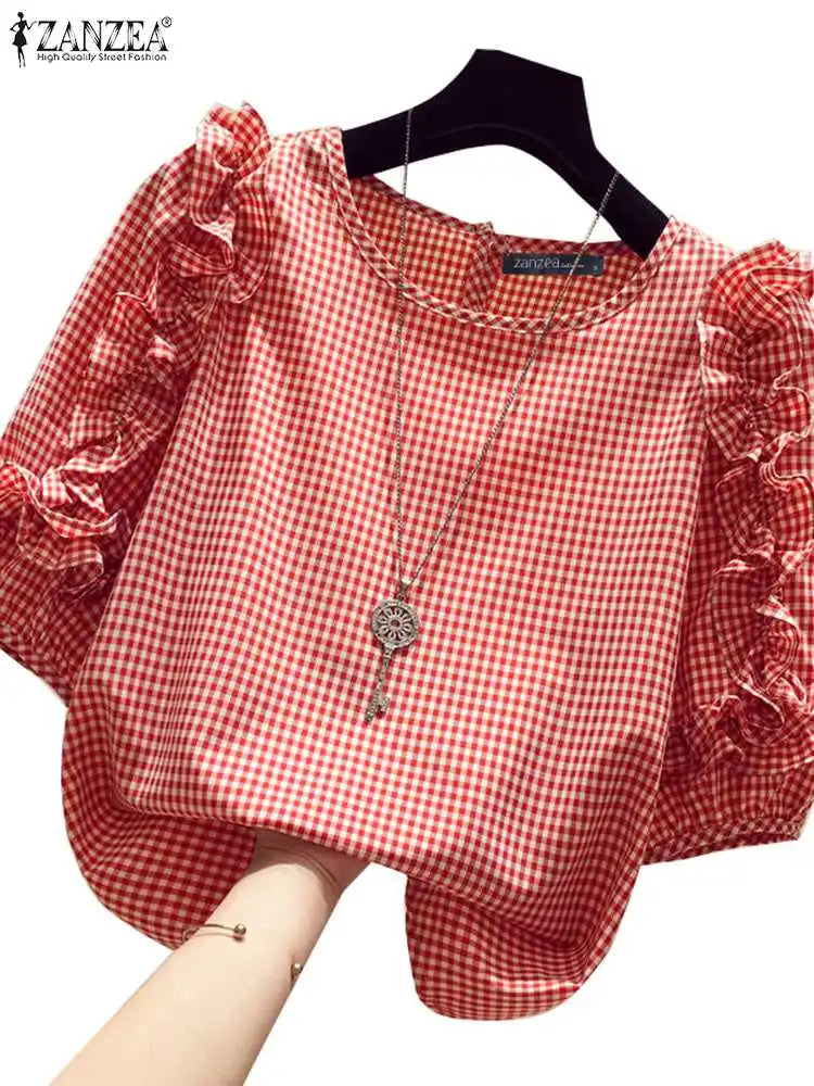Ruffle-Trim Plaid Lantern-Sleeve Blouse