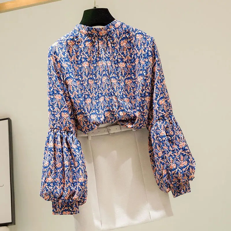 Floral Print Vintage Chiffon Stand Collar Lantern Sleeve Pullover Women's Blouse Shirt Casual Female Clothing Tops Fashion 2024