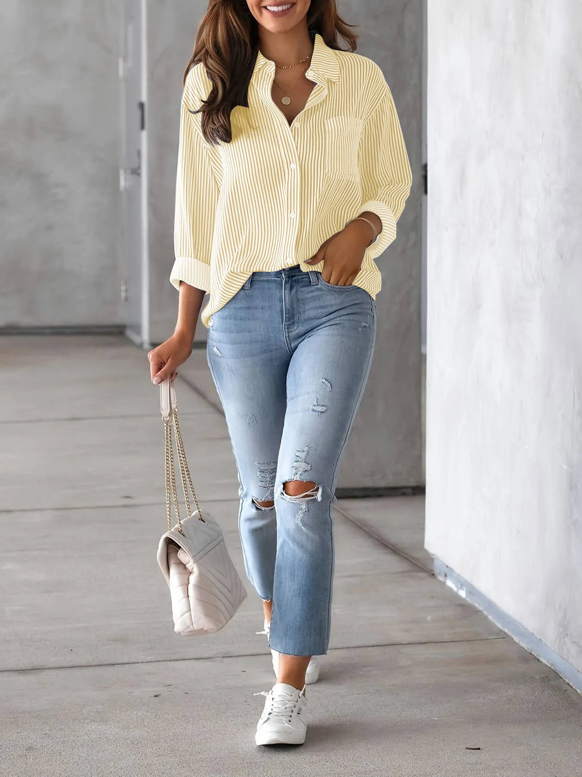 Women Long Sleeve Striped Loose Shirt Office Lady Elegant Turn Down Collar Harajuku Blouse Casual Lapel Tops Female Clothes
