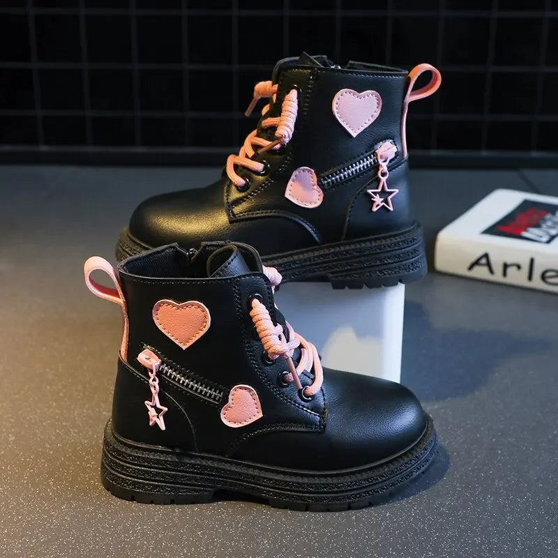 Black/pink Girls Leather Boots Velvet with Anti Slip Low Cut Side Zipper Winter Outdoor Girls Fashion Single Boot