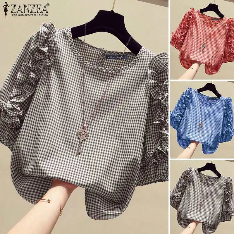 Ruffle-Trim Plaid Lantern-Sleeve Blouse