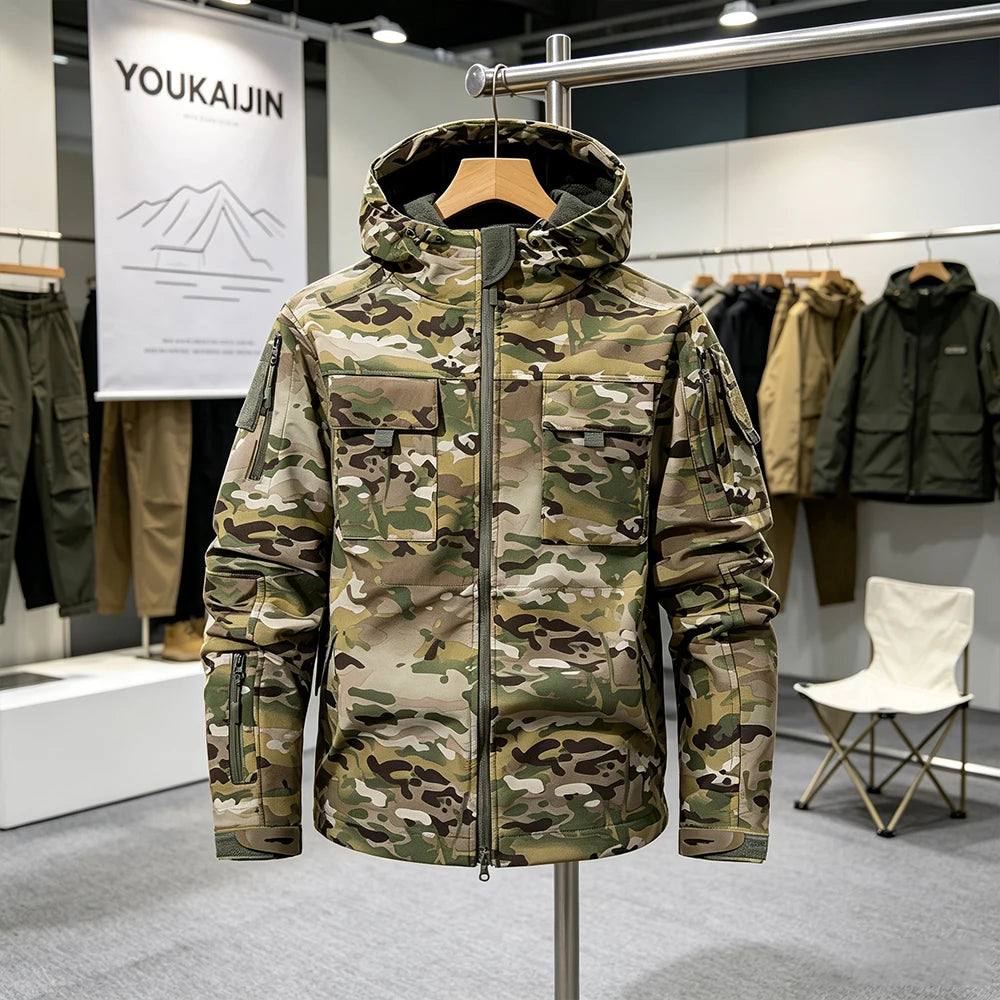 Men's Military Soft Shell Tactical Jacket Winter Warm Fleece Hunting Jackets Outdoor Hiking Fishing Hooded Multi-pockets Coat
