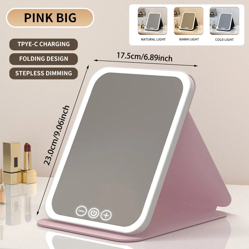 Foldable LED Makeup Mirror – 3 Light Colours, Dimmable Touch Control, Rechargeable