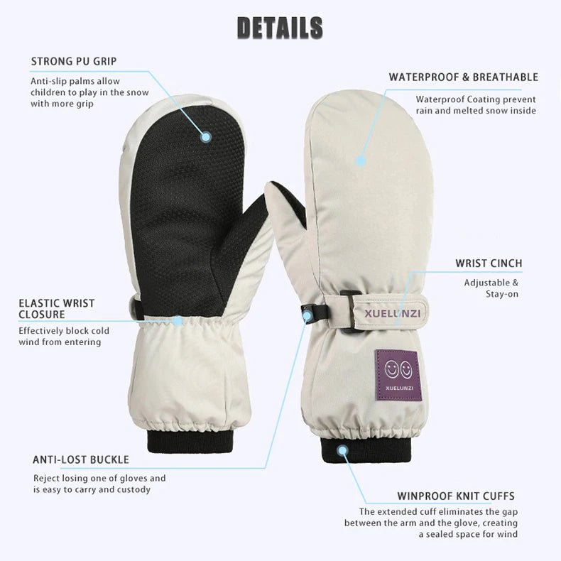 Kids' Waterproof Ski Mittens with Long Cuffs – Ages 6 to 12