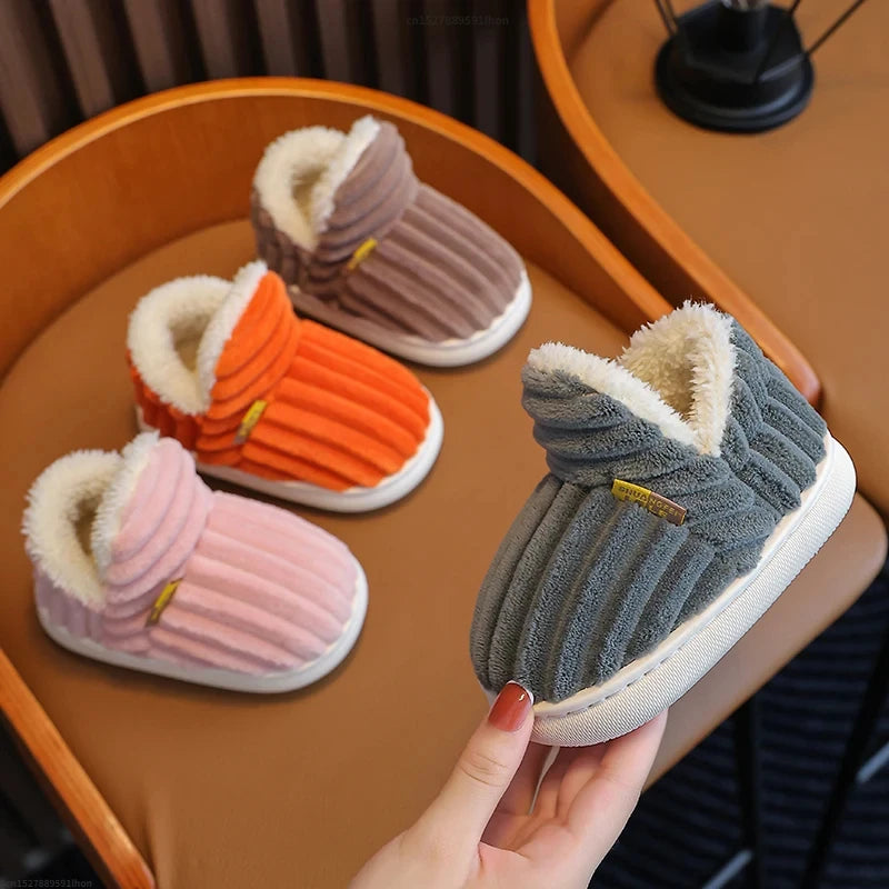 Kids' Striped Plush Slippers – Warm Non-Slip Heel-Wrap House Shoes