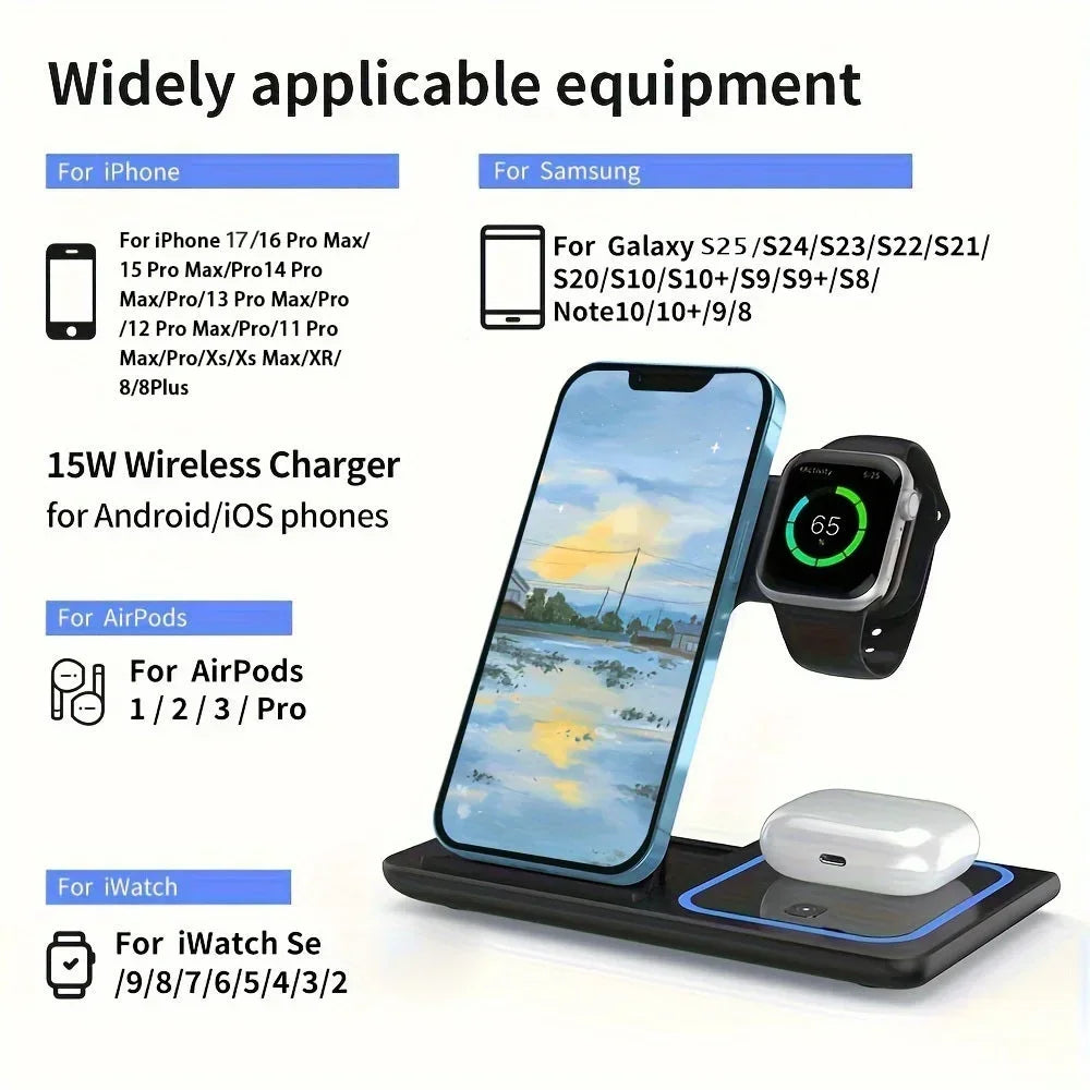 Foldable 3-in-1 Wireless Charging Station for Phone, Watch & AirPods