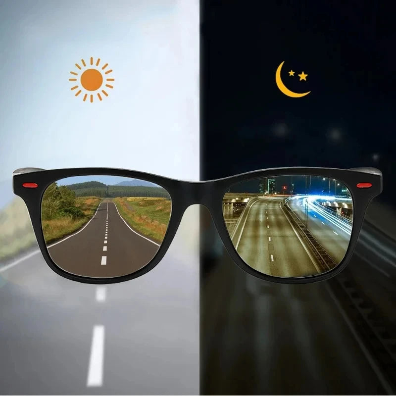 Black rectangular sunglasses shown against a split background: bright daylight on the left with a sun icon and a road reflection in the lens, and a dark night scene on the right with a moon and stars icon and a highway reflection in the other lens.