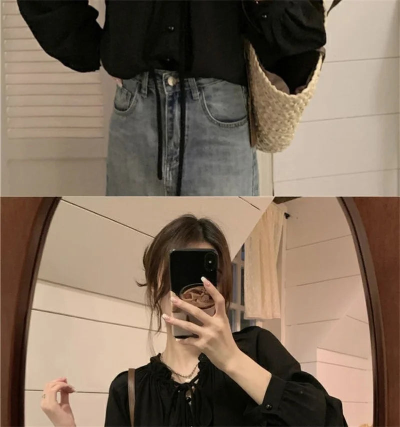 French Solid Color Leisure Women Sweet Solid Color V-neck Ruffled Edge Pullover Shirt Female Loose Fitting Lantern Sleeve Blouse