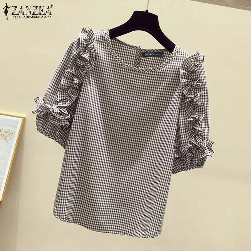 Ruffle-Trim Plaid Lantern-Sleeve Blouse