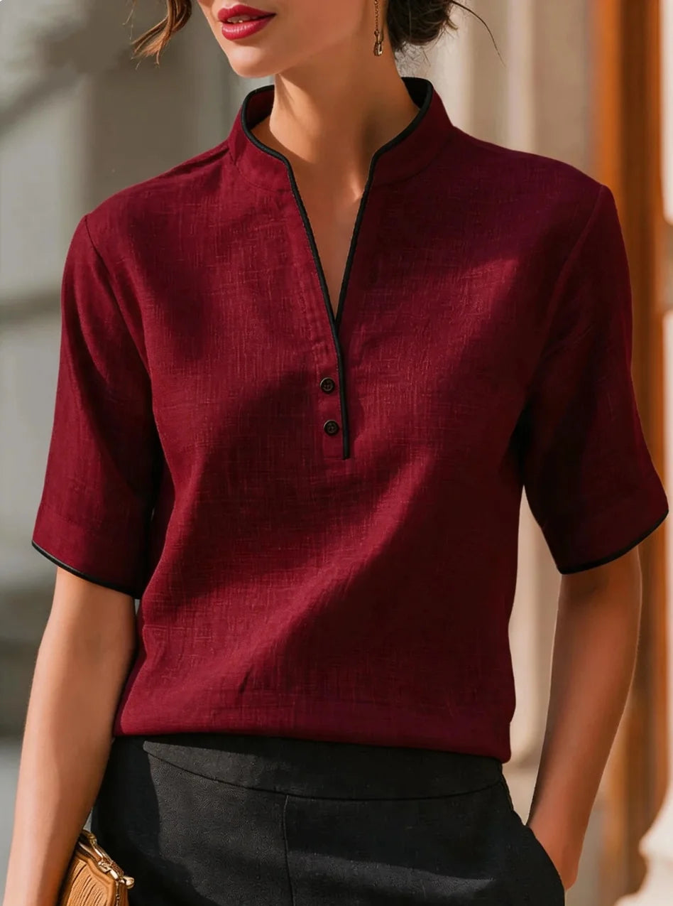 Women's V-Neck Button Detail Contrast Trim Blouse – Short Sleeve Casual Top