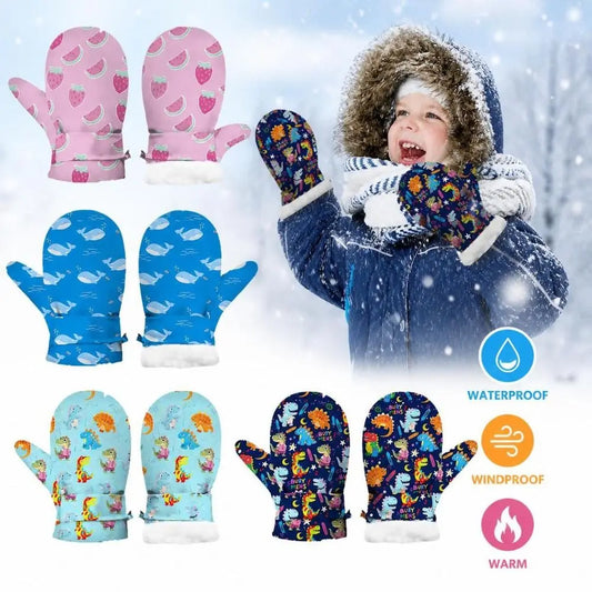 Kids' Printed Fleece-Lined Snow Mittens with Anti-Lost Clip